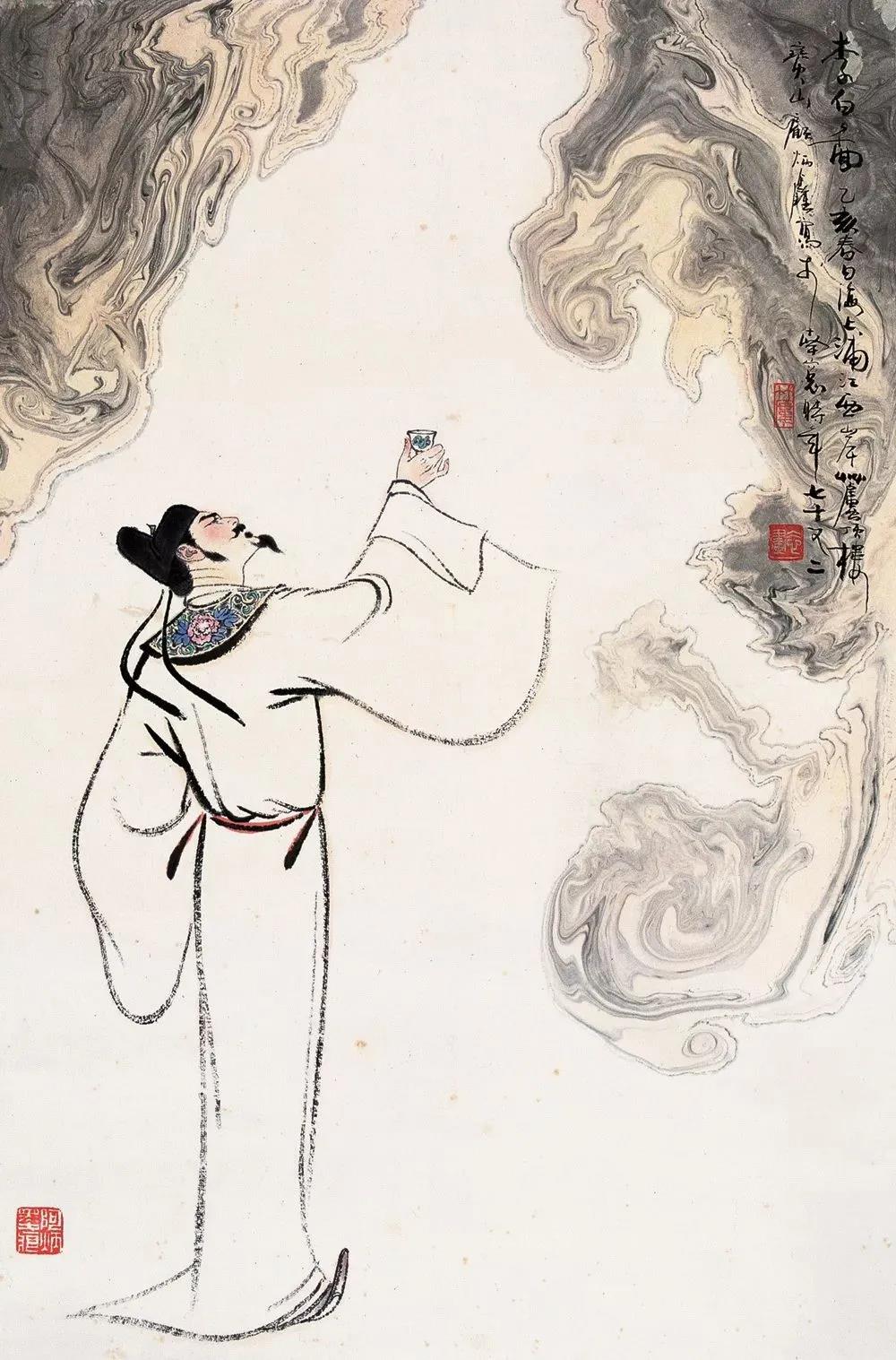 ▲“詩(shī)仙”李白勸自己喝酒：“舉杯邀明月，對(duì)飲成三人”。（圖片來(lái)源：三聯(lián)生活周刊）