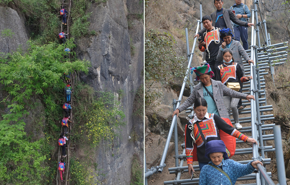 “懸崖村”今昔對(duì)比：左圖為2016年5月14日，孩子們?cè)诩议L(zhǎng)保護(hù)下攀爬木梯回家。右圖為2020年5月13日，昭覺(jué)縣支爾莫鄉(xiāng)阿土列爾村村民帶著行李通過(guò)鋼梯下山，搬遷至易地扶貧集中安置點(diǎn)的新家。